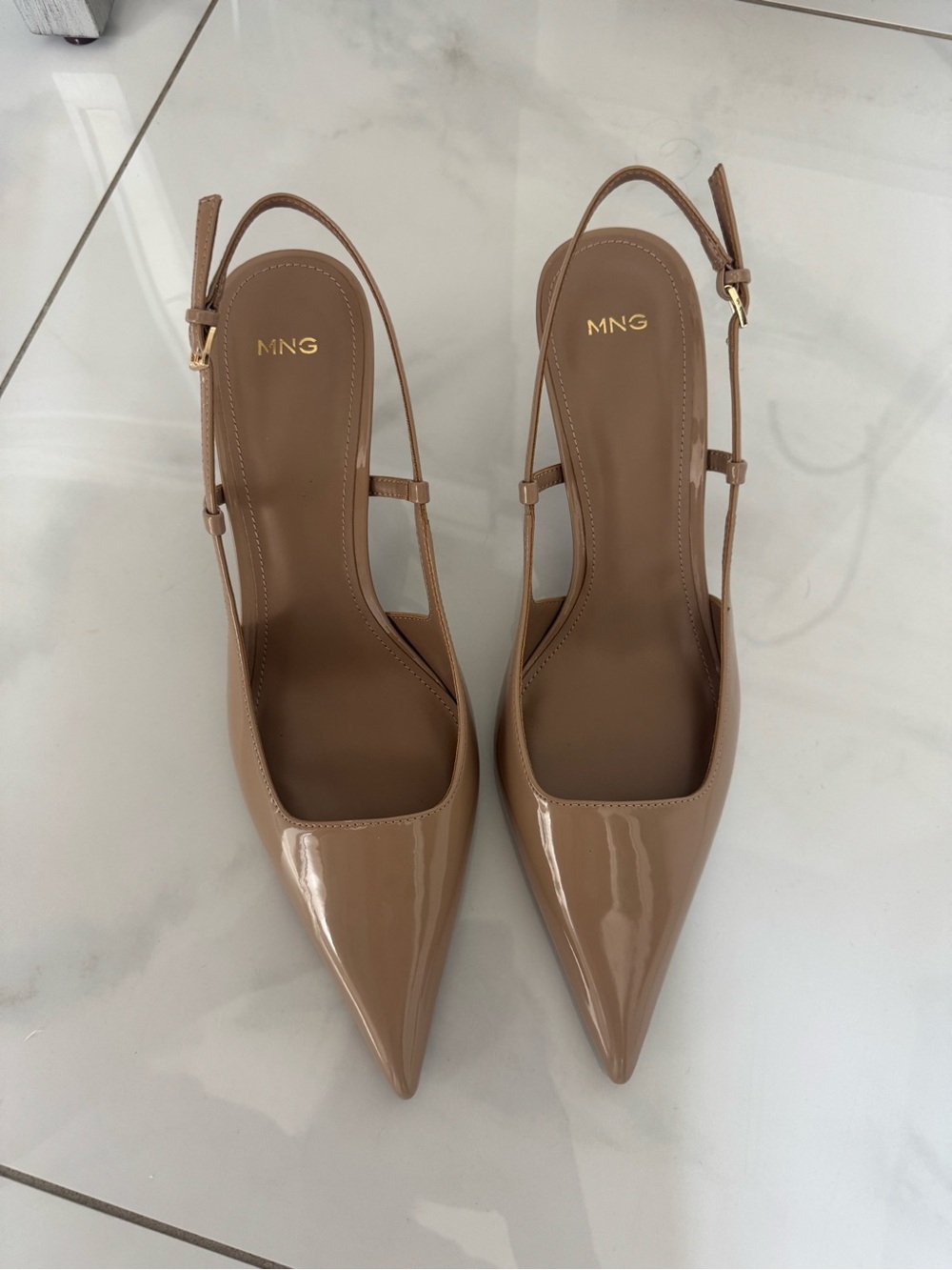 Mango Patent Tan Pointed Slingback Heels